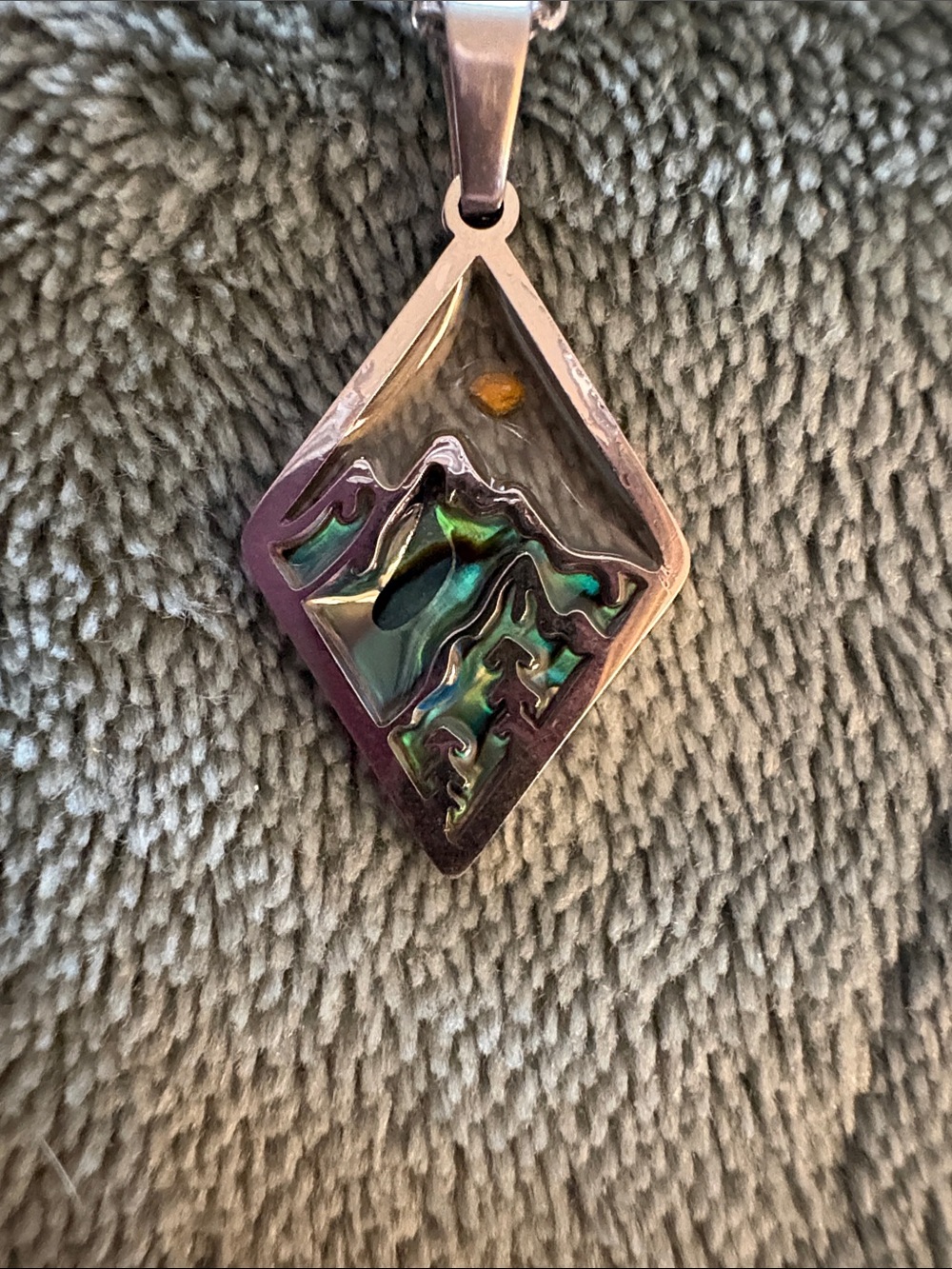 Abalone Mountain Scene Pendant Necklace - Iridescent Green Blue